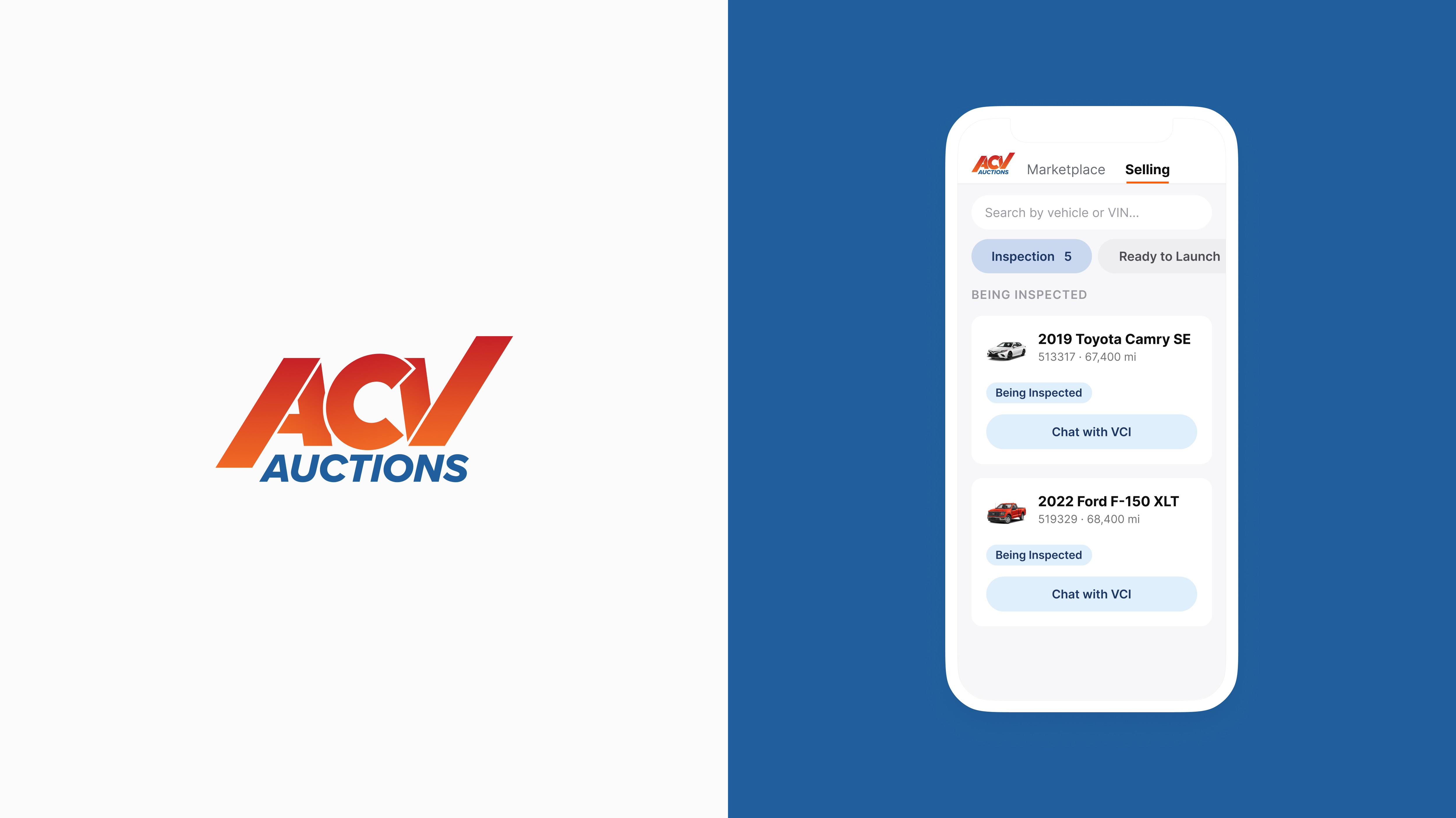 ACV Auctions brand mark next to the Seller Console mobile app showing the Selling tab's inspection queue